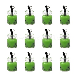 Pendenti bottiglia di vetro, con resina all'interno e ritrovamenti di ferro, imitazione bubble tea/tè al latte boba, verde, 20~25x11~14x11mm, Foro: 1.8 mm