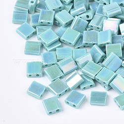 2 trous perles de rocaille de verre, arc-en-ciel plaqué, carrée, turquoise moyen, 5x4.5~5.5x2~2.5mm, Trou: 0.5~0.8mm