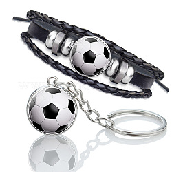 Fußball-Schmuckset aus Glas, Dreischichtige mehrsträngige Armbänder und Schlüsselanhänger aus PU-Leder, mit Legierung-Zubehör, Schwarz, 7-1/8 Zoll (18 cm), 80 mm