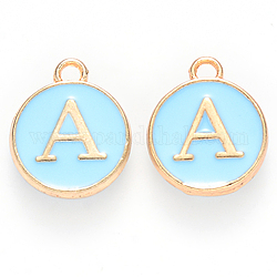 Golden Plated Alloy Enamel Charms, Cadmium Free & Lead Free, Enamelled Sequins, Flat Round with Letter, Sky Blue, Letter.A, 14x12x2mm, Hole: 1.5mm