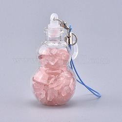 Transparente Glaswunschflasche Anhänger Dekoration, mit natürlichen Rosenquarzspänen im Inneren, Plastikstopfen, Nylonschnur und Eisenbefunde, Kürbisflasche, 111~130 mm