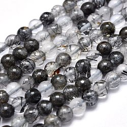 Quartz naturel tourmaliné / perles de quartz rutile noires, ronde, 4~4.5mm, Trou: 0.5mm, Environ 102 pcs/chapelet, 15.35 pouce (39 cm)