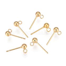 202 Stainless Steel Stud Earring Findings, with 304 Stainless Steel Pins and Loop, Round, Real 18K Gold Plated, 15mm, Hole: 1.7mm, Pin: 0.7mm