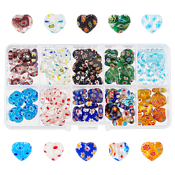 Olycraft 100pcs 10 brins de perles de chalumeau millefiori faites à la main, cœur, couleur mixte, 11~12x12x4~5mm, Trou: 1mm, 10 couleur, 10 pcs / couleur, 100 pcs
