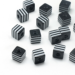 Perles en résine à rayures opaques, cube, noir, 10x10x9mm, Trou: 4mm