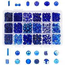 PandaHall Elite 18 Style Blue Glass Beads, for Summer Bracelets, Necklaces Jewelry Making, Evil Eye & Round & Rondell & Oval & Bone & Tube Shape, Blue