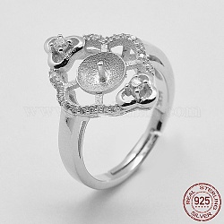 Componenti dell'anello in argento sterling placcato rodio regolabili, per mezzo forato perle, con zirconi, rombo, platino, formato 925, 6mm, vassoio: 16.5mm, ago :6mm