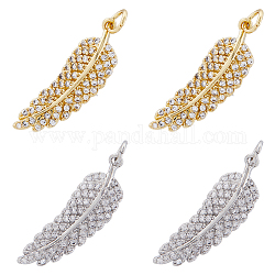 DICOSMETIC 4Pcs 2 Colors Brass Micro Pave Clear Cubic Zirconia Pendants, with Jump Ring, Feather Charm, Platinum & Golden, 28x9x3.5mm, Hole: 3.5mm, 2pcs/color