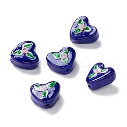 Perles vernissées manuelles, coeur avec fleur, bleu foncé, 14~15x16~16.5x9~10mm, Trou: 2~3mm