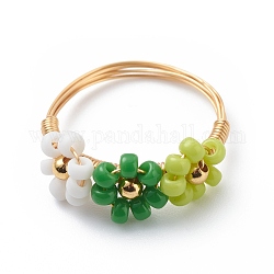 Fingerringe aus geflochtenen Perlen aus Glassamen, vergoldeter Kupferdraht Wickelschmuck für Frauen, grün, uns Größe 8 1/2 (18.5mm)