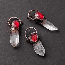 Gros pendentifs en cristal de quartz naturel, cristal de roche, avec des accessoires en verre rouge et en étain rouge cuivré, plomb et de nickel et sans cadmium, pépites, 58.5x22x15.5mm