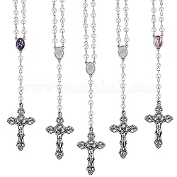 5Pcs Rosary Bead Necklace, Alloy Cross Pendant Necklace with Glass Blank Dome, Synthetic Hematite & Imitation Pearl Beaded Jewelry for Women, Antique Silver, 18.50 inch(47cm)