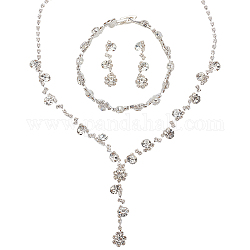 ANATTASOUL 1 Set Crystal Rhinestone Lariat Necklace & Link Chain Bracelet & Dangle Stud Earrings, Brass Jewelry Set for Wedding Party, Silver, 33mm, Pin: 0.8mm, 183mm, 310mm