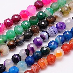Natural Striped Agate/Banded Agate Beads Strands, Faceted, Dyed, Round, Mixed Color, 6mm, Hole: 1mm, about 63pcs/strand, 15.55 inch
