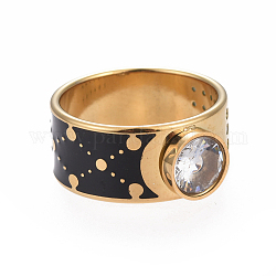 Anillos de dedo unisex de acero inoxidable 304, anillos de banda ancha, con rhinestone de cristal, esmalte negro, dorado, tamaño de 6~9, 16~19mm