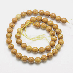 Chapelets de perles en bois pétrifié naturel, teinte, facette, ronde, 12mm, Trou: 1mm, Environ 31 pcs/chapelet, 15.75 pouce