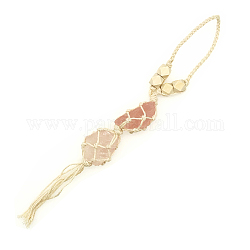Décoration pendentif double pompon en quartz rose naturel, avec une vieille corde de dentelle enroulée, pépites, 270~330x30~50mm