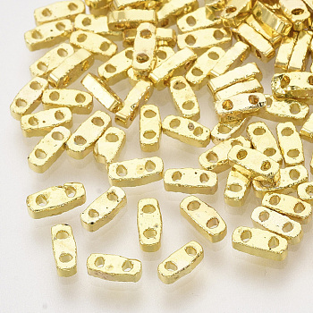 Electroplate Glass Seed Beads, 2-Hole, Rectangle, Golden Plated, 4.5~5x2x1~1.5mm, Hole: 0.5~0.8mm
