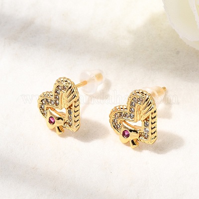 Серьги-гвоздики в форме сердца из латуни с микропаве из циркония EJEW-C158-03G-1