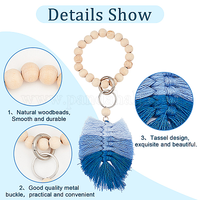 5pcs perles de bois naturel bracelets extensibles porte-clés&nbsp;KEYC-PH01429-1