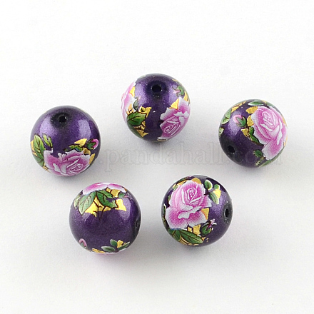 Perles rondes imprimées de motif de fleur rose en verre GFB-R005-10mm-C01-1
