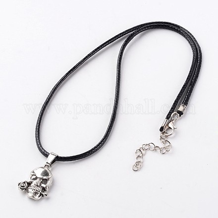 Skull with Rose Alloy Pendant Necklaces NJEW-E075-04-1