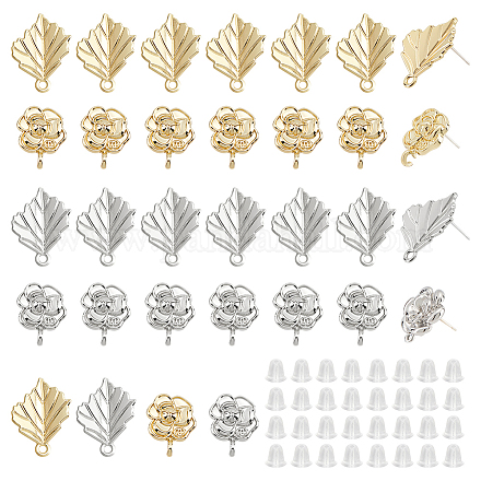 Dicosmetic 32 pieza 2 estilos aretes de aretes aretes de aleación de 2 colores con forma de hoja y flor con tuercas aretes de metal de platino y oro claro para hacer joyas diy FIND-DC0001-98-1