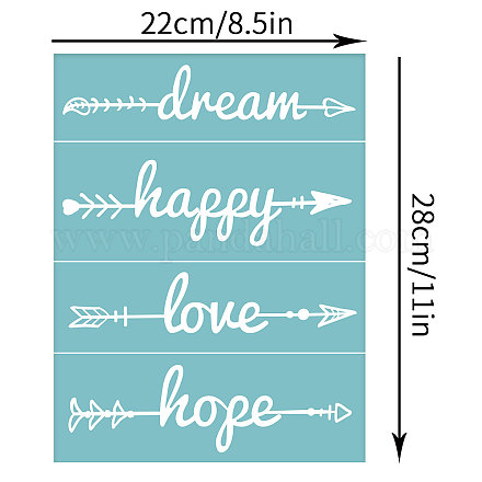 粘着性のシルクスクリーン印刷ステンシル  木に塗るため  DIYデコレーションTシャツ生地  夢の幸せな愛の希望という言葉の矢印  空色  28x22cm DIY-WH0173-039-1