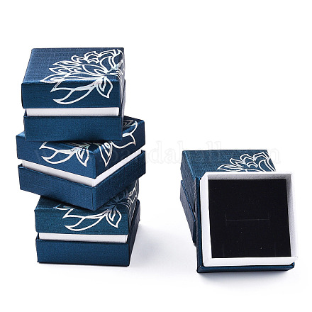 印刷された厚紙のジュエリーセットボックス  中に黒いスポンジを入れて  花模様の正方形  マリンブルー  5.2x5.2x3.6cm CBOX-T005-01B-1