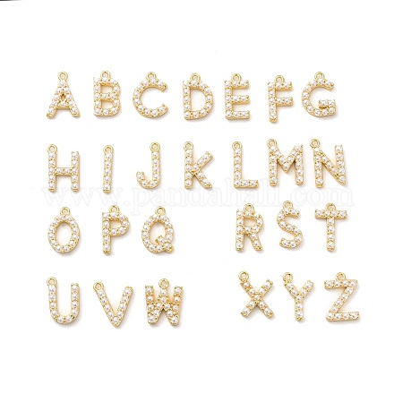 プラスチック模造パールのペンダント  真鍮パーツ  a～zの文字  ゴールドカラー  12~16x2~13x3mm  穴：1.4mm  26個/セット KK-P230-17G-1