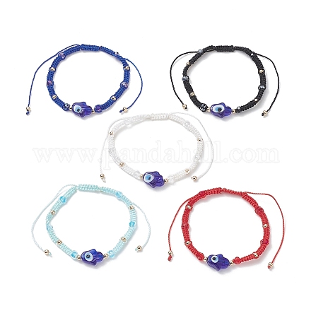 Mano di hamsa di vetro con braccialetto di perline intrecciate malocchio per le donne BJEW-JB09397-1