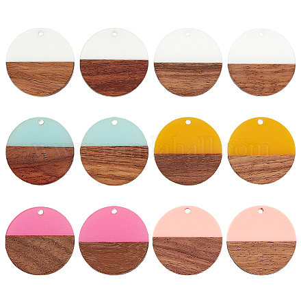 OLYCRAFT 12pcs Resin Wooden Earring Pendants Flat Round Vintage Resin Wood Statement Jewelry Findings for Necklace and Earring Making - Mixed Color RESI-OL0001-03-1