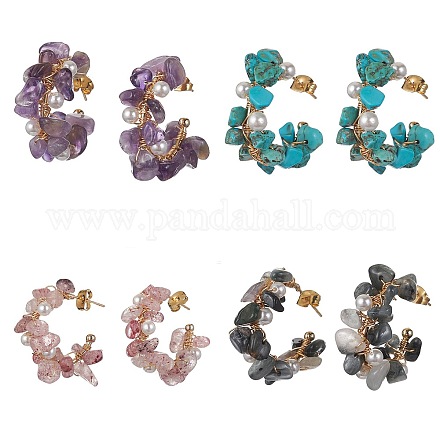 4 paio di 4 orecchini ad anello con perline con gemme miste naturali e sintetiche EJEW-TA00285-1
