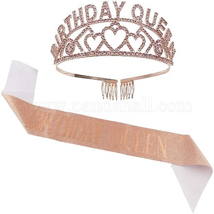 AHANDERMAKER 誕生日女王の王冠とサッシュ  パーティーは、女性の誕生日パーティーの装飾のためにラインストーンとサッシュを備えた誕生日の女王ライトコーラルaollyクラウンを供給します AJEW-WH0017-32-1