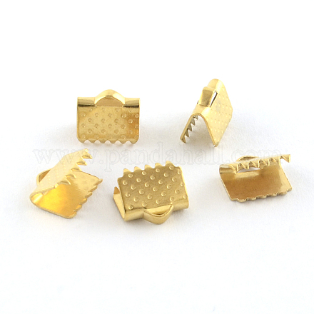 304ステンレス鋼リボンカシメエンドパーツ  ゴールドカラー  7x8.5mm  穴：2mm STAS-S047-057G-1