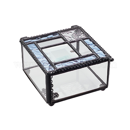 ブリキのジュエリーボックス  ガラスと  正方形  コーンフラワーブルー  9x8x5cm OBOX-WH0007-08-1