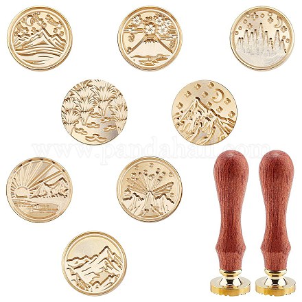 CRASPIRE Wax Seal Stamp Set 8 Pieces Mountain Theme Vintage Sealing Wax Stamps with 2pcs Wood Handles 25mm Removable Brass Head Sealing Stamp for Wedding Invitation Valentine's Day DIY-CP0001-99G-1