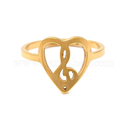 イオンプレーティング(ip) 音符の指輪が付いたステンレス製のハート201個  女性のためのバレンタインデージュエリー  ゴールドカラー  usサイズ6（16.5mm） RJEW-G266-01G-1