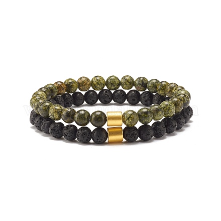 2 Stück 2 Stil natürliche Serpentin / grüne Spitze & Lavagestein runde Perlen-Stretch-Armbänder mit Säulen-Synthetik-Hämatit BJEW-JB07575-1