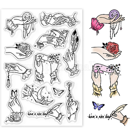 GLOBLELAND Romantic and Elegant Palm Pattern Clear Stamps Holding a Magic Wand Luna Rose Butterfly Silicone Transparent Stamps for DIY Scrapbooking Photo Album Decorative DIY-WH0167-57-0465-1