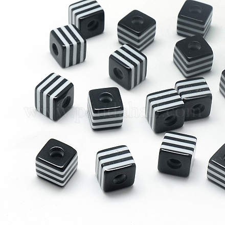 オペーク縞柄樹脂ビーズ  キューブ  ブラック  10x10x9mm  穴：4mm RESI-S342-10x10-01-1
