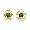 Dyed Natural White Jade Flat Round Charms, with 304 Stainless Steel Hollow Settings, Real 14K Gold Plated, Green, 11.5x10x2.5~3mm, Hole: 1mm