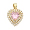 Brass Micro Pave Cubic Zirconia Pendants, Heart, Rack Plating, Long-Lasting Plated, Lead Free & Cadmium Free, Pink, 19x16x8mm, Hole: 4x3mm
