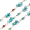 Brass Link Chains, with Glass & Synthetic Turquoise Beads, Long-Lasting Plated, Soldered, Golden, with Spool, 13.5x5x2.5mm, about 16.40 Feet(5m)/Roll