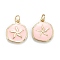 Brass Enamel Pendants, with Jump Rings, Long-Lasting Plated, Flat Round, Pink, Real 18K Gold Plated, 16.5x14.5x2.5mm, Hole: 3.5mm
