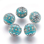 Manuell Indonesiene Perlen, mit Metall-Zubehör, Runde, Antik Silber Farbe, dunkeltürkis, 19.5x19 mm, Bohrung: 1 mm