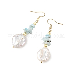 Ohrhänger aus natürlichem Larimar-Splitter und natürlicher Keshi-Perle&nbsp;EJEW-JE07445-02