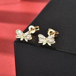 Серьги-гвоздики из латуни с микро-паве и бантом из прозрачного кубического циркония&nbsp;EJEW-A135-07G