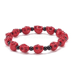 Natürlicher Mashan-Jade-Totenkopf und synthetisches türkisfarbenes (gefärbtes) Perlen-Stretch-Armband&nbsp;BJEW-JB08377