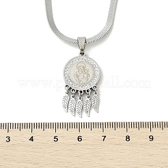 Ожерелья с подвеской в виде пера из нержавеющей стали 201 с плоским круглым кубическим цирконием&nbsp;NJEW-H055-04P